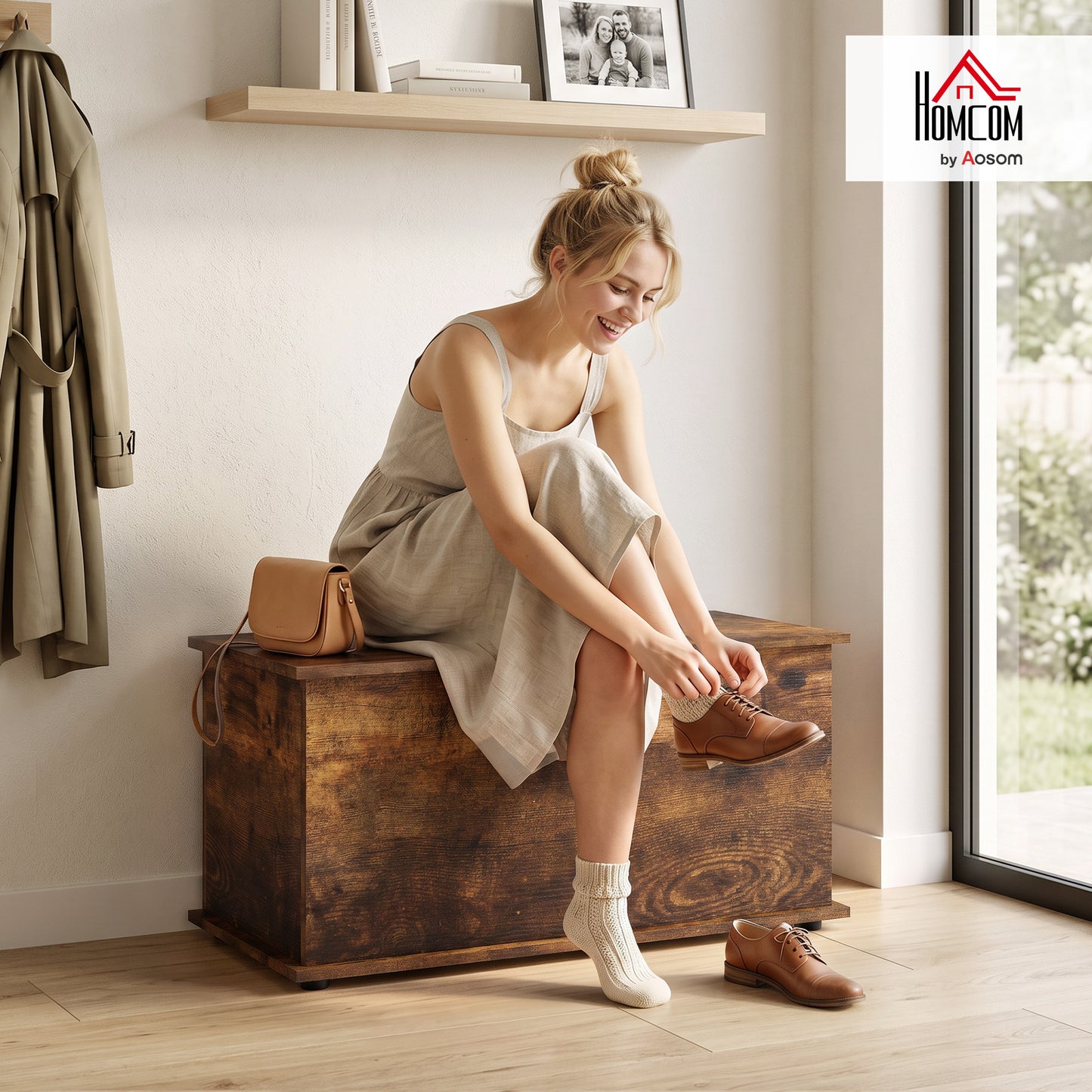Storage Chest with Safety Hinged Lid, 102L Storage Box, Rustic Brown