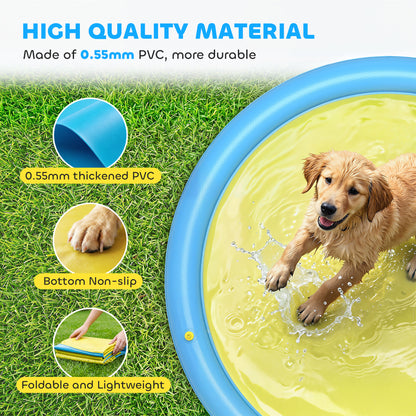Dog Splash Pad, Pet Sprinkler Mat, Non-Slip Dog Paddling Pool, Foldable Outdoor Sprinkler and Splash Mat Water Play for Garden, Patio, Summer Fun, 150 cm, Yellow