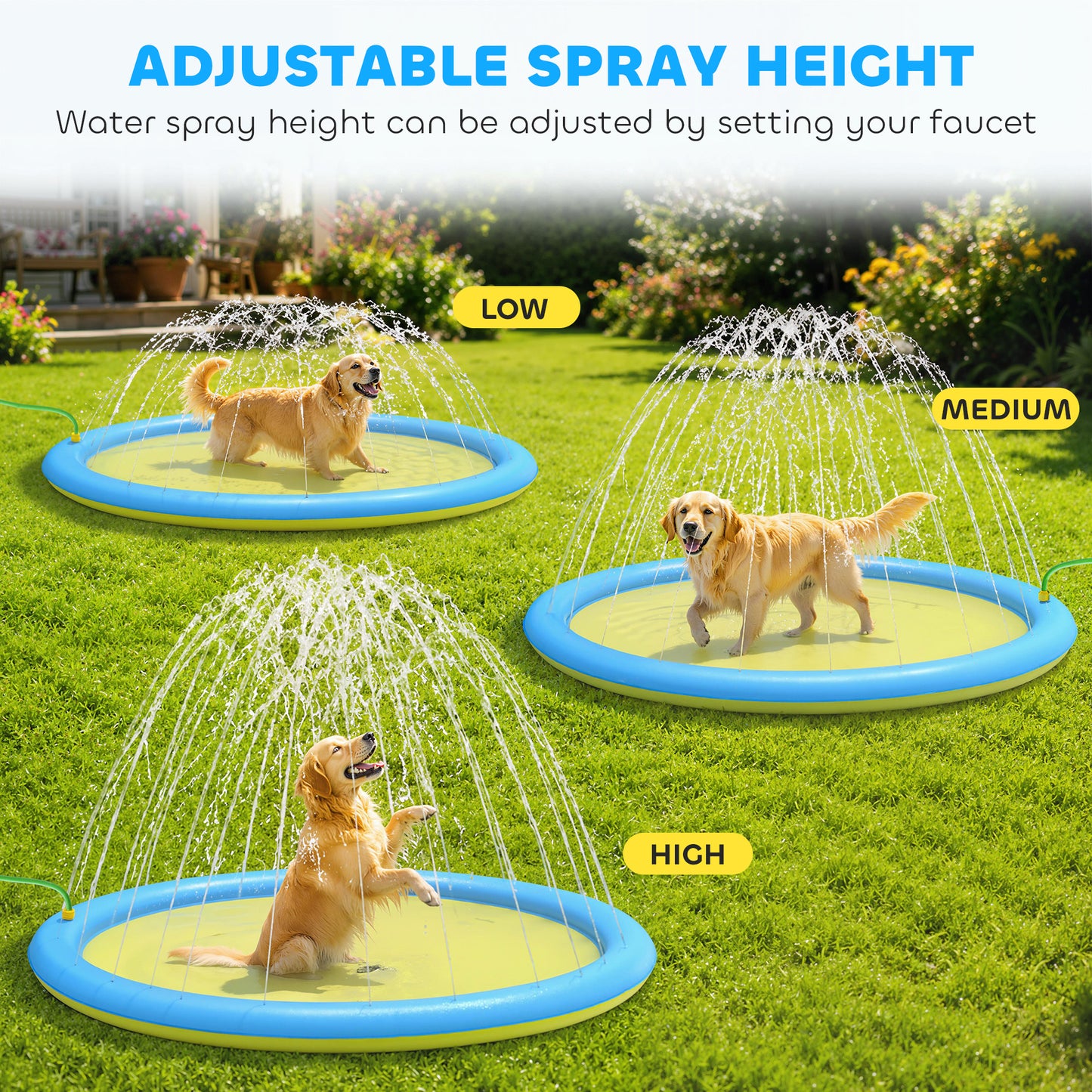 Dog Splash Pad, Pet Sprinkler Mat, Non-Slip Dog Paddling Pool, Foldable Outdoor Sprinkler and Splash Mat Water Play for Garden, Patio, Summer Fun, 150 cm, Yellow