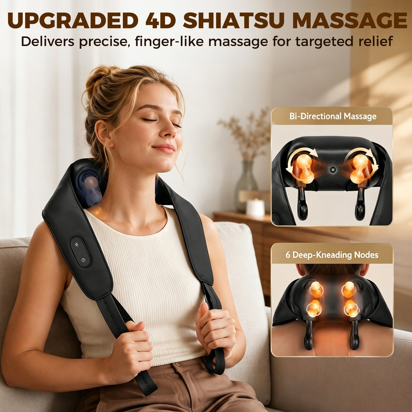 Cordless Neck Massager with Heat, Deep Tissue 4D Shiatsu Neck and Shoulder Massager for Back and Leg, for Car Home Office, Gifts for Men and Women