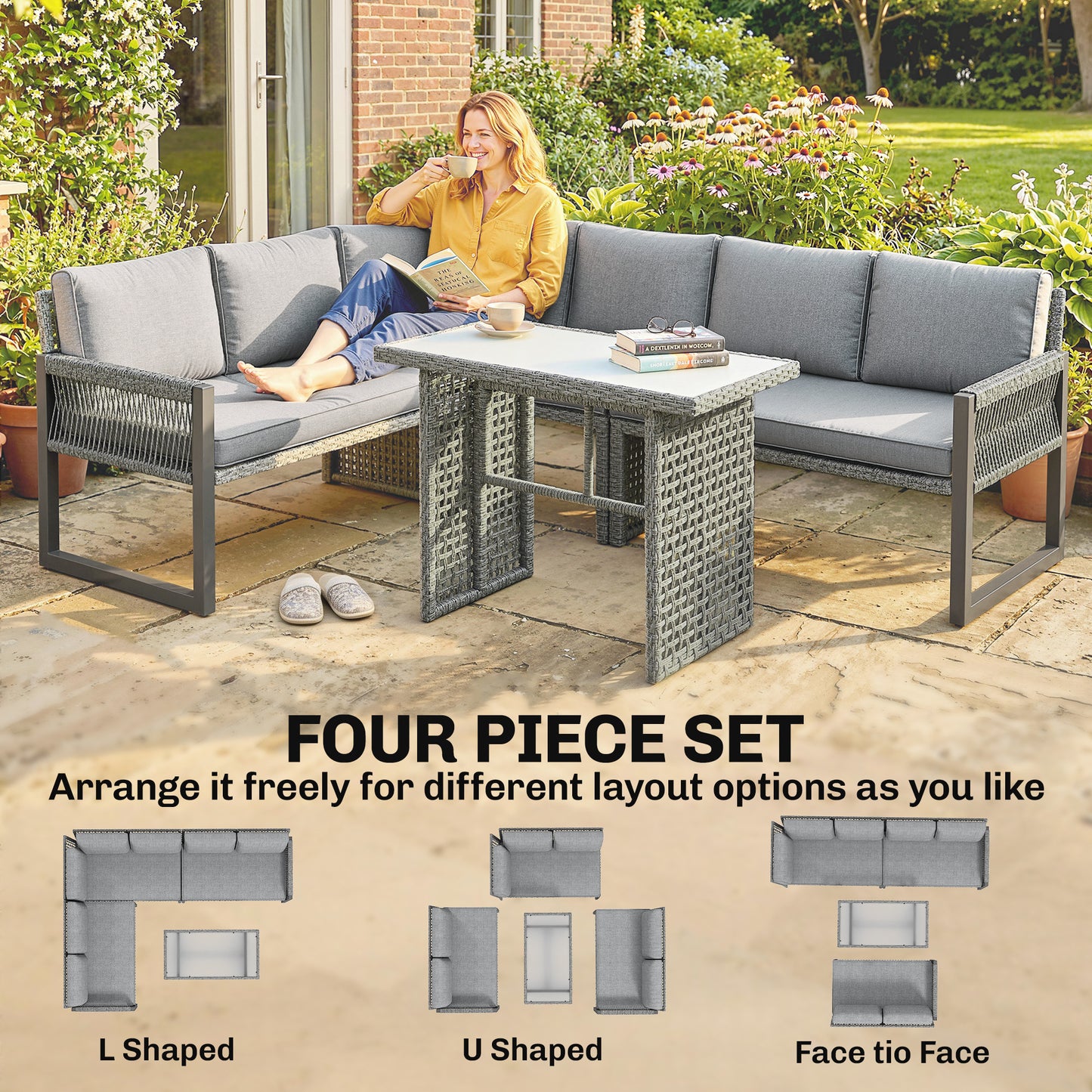 4 Piece Rattan Garden Furniture Set with 3 Loveseats, Table, Grey