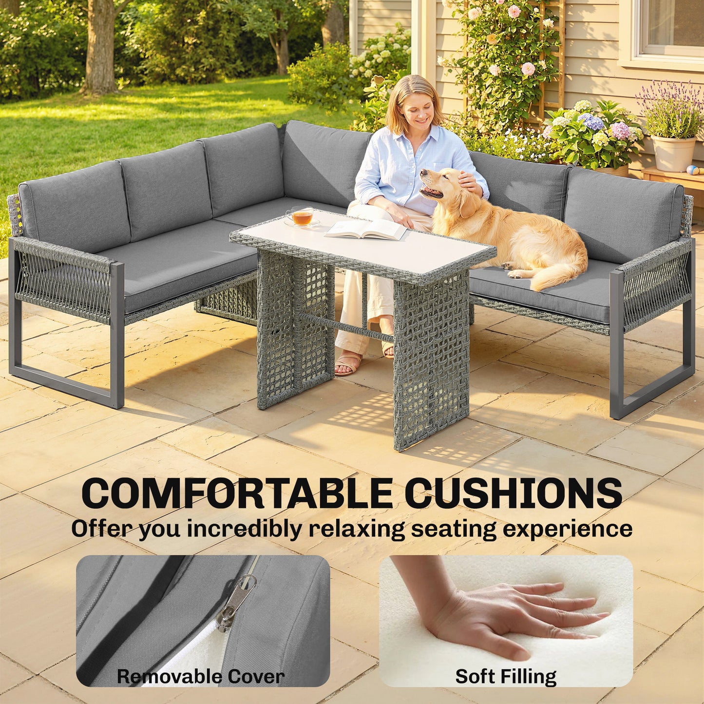 4 Piece Rattan Garden Furniture Set with 3 Loveseats, Table, Grey