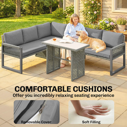 4 Piece Rattan Garden Furniture Set with 3 Loveseats, Table, Grey