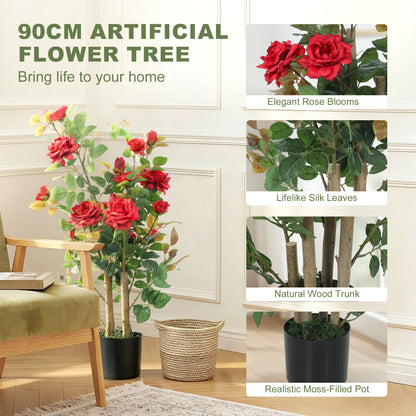 90cm Artificial Rose Tree with 344 Silk Leaves and 17 Flowers, Red