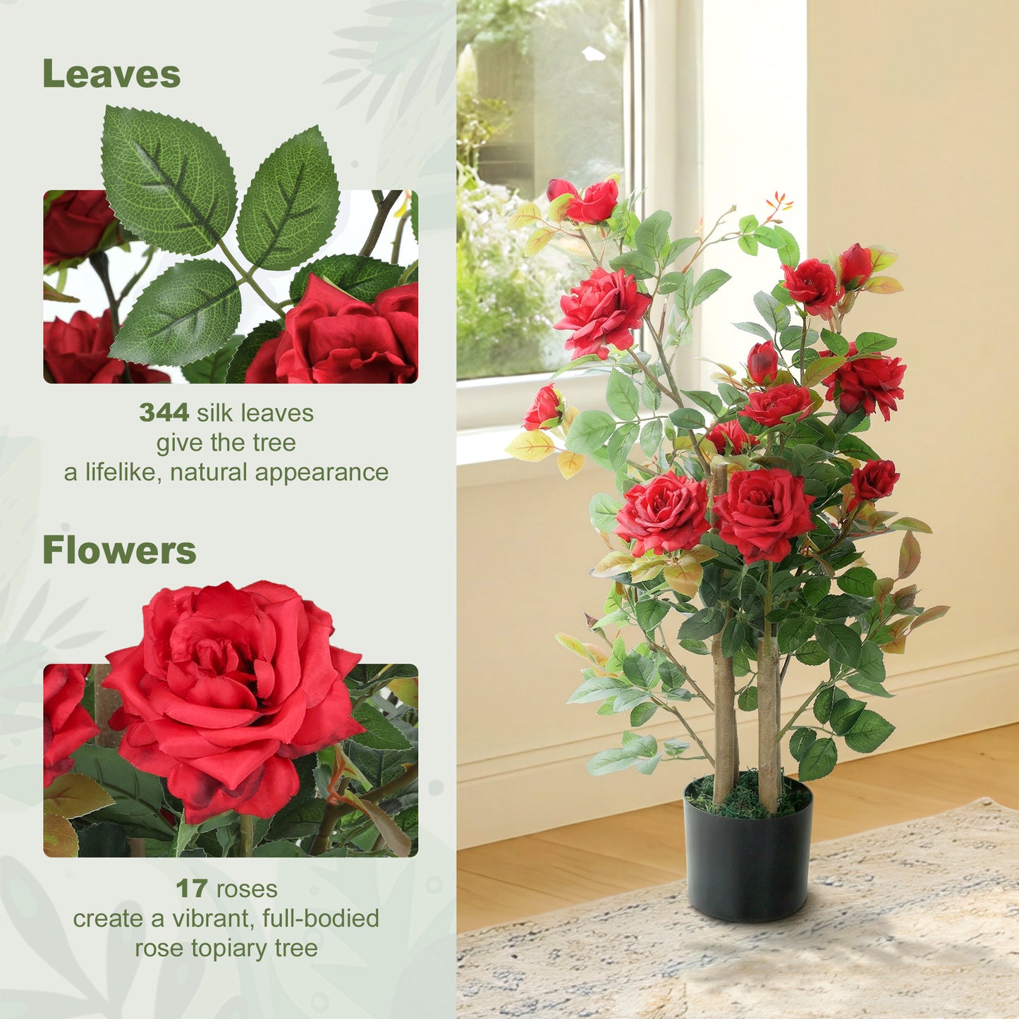 90cm Artificial Rose Tree with 344 Silk Leaves and 17 Flowers, Red