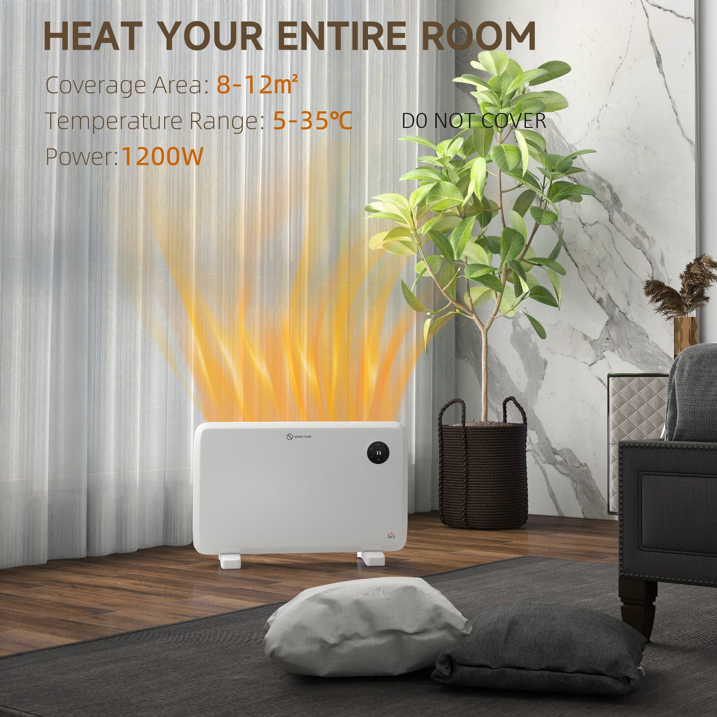Electric Convector Heater, Quiet Space Heater w/ LED Display, White
