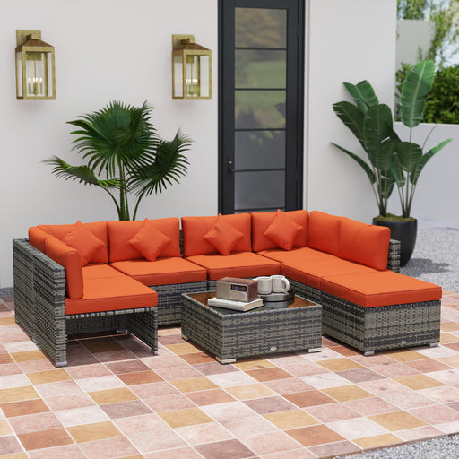 8 Pieces Patio Rattan Sofa Set Outdoor Garden Furniture Set in Mixed Grey & Orange Cushions