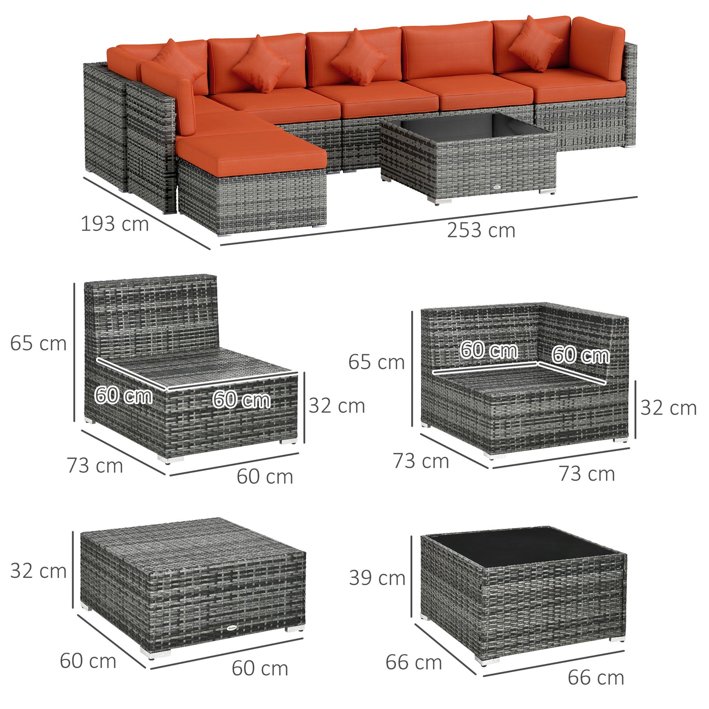8 Pieces Patio Rattan Sofa Set Outdoor Garden Furniture Set in Mixed Grey & Orange Cushions