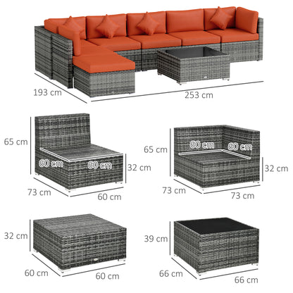 8 Pieces Patio Rattan Sofa Set Outdoor Garden Furniture Set in Mixed Grey & Orange Cushions