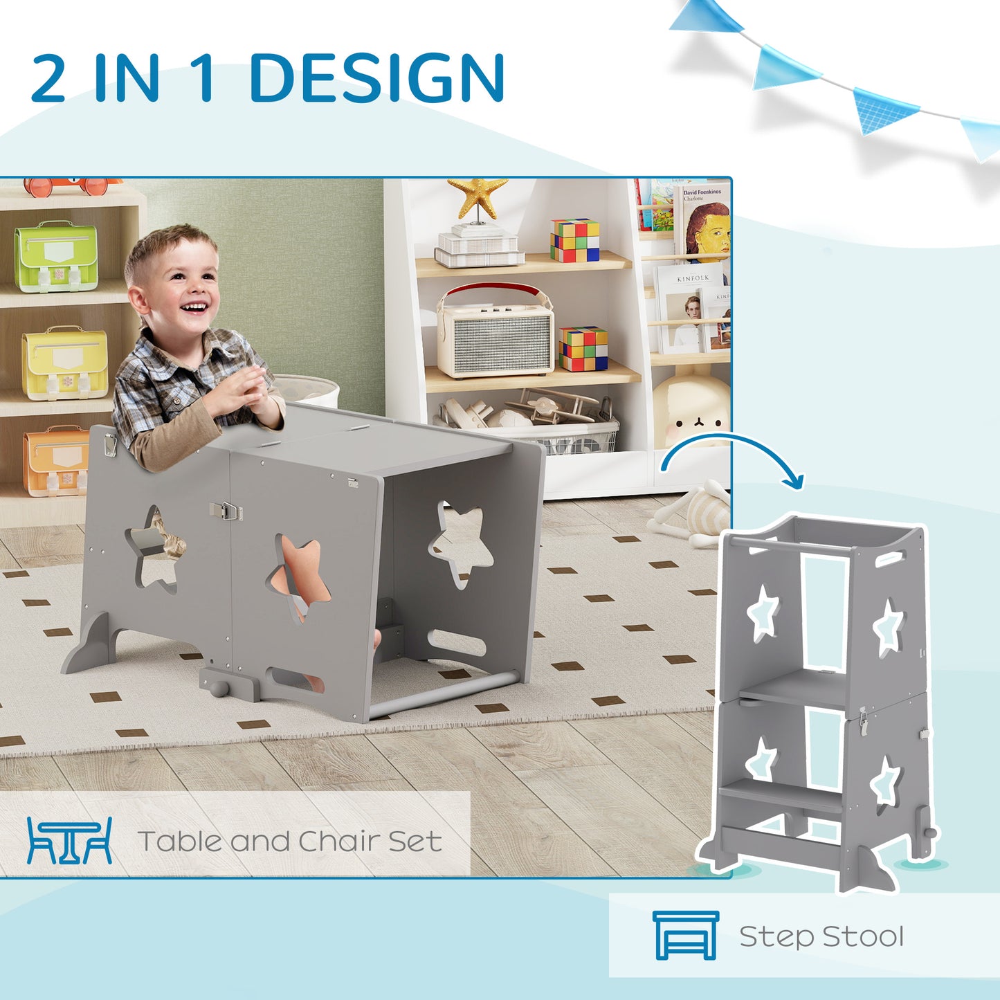 2-in-1 Toddler Step Stool with Safety Rail for Kitchen, Grey