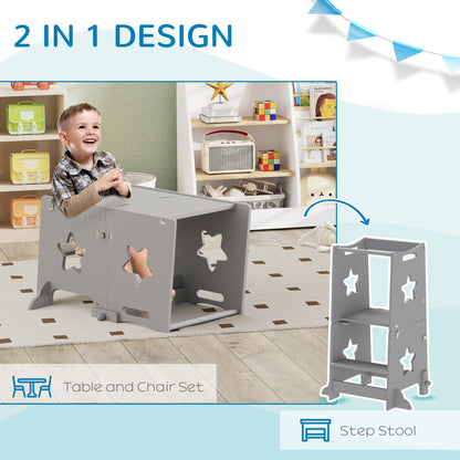 2-in-1 Toddler Step Stool with Safety Rail for Kitchen, Grey