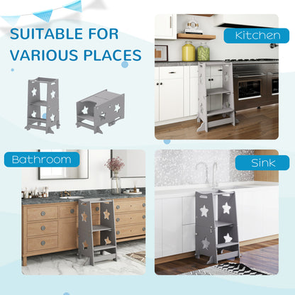 2-in-1 Toddler Step Stool with Safety Rail for Kitchen, Grey