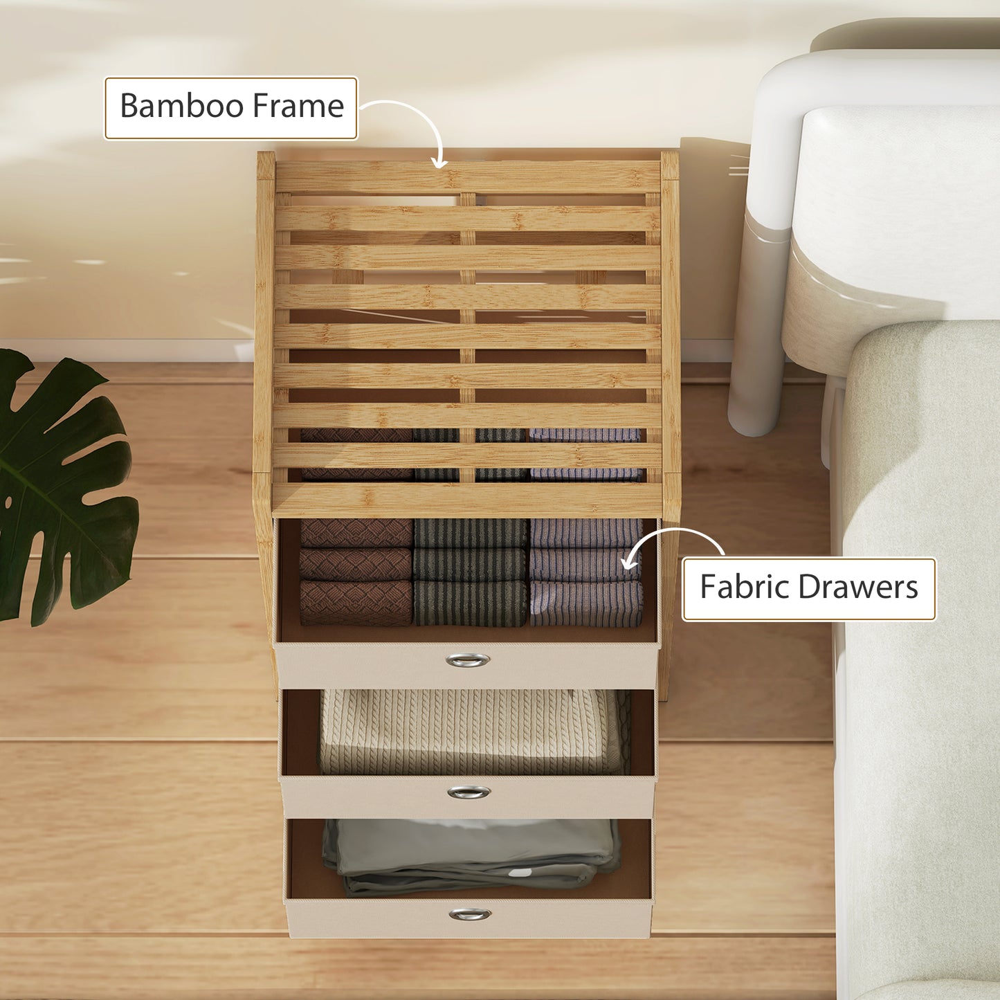 Chest of Drawers, 3 Drawers Dresser with Bamboo Frame, Cream White