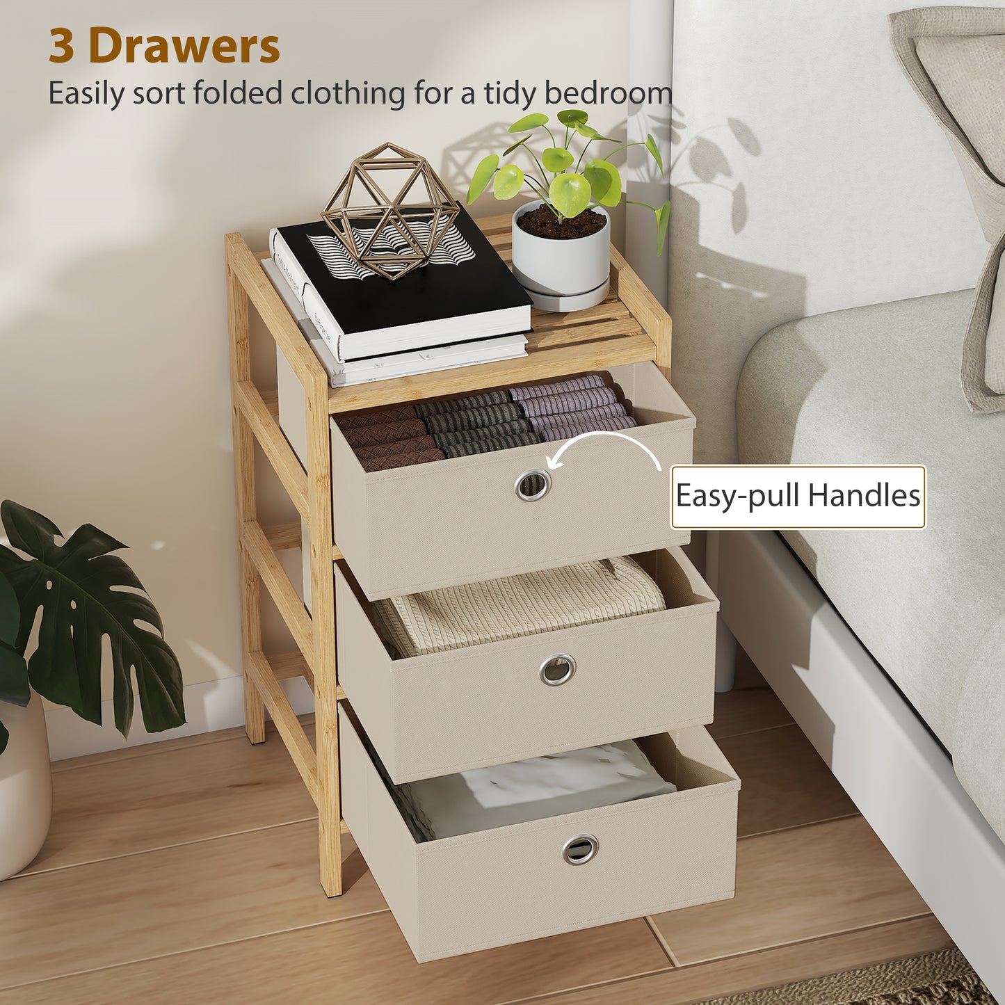 Chest of Drawers, 3 Drawers Dresser with Bamboo Frame, Cream White