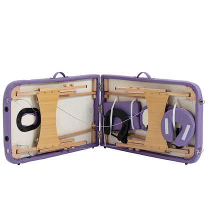 Portable Massage Bed, Folding Spa Beauty Massage Table with 2 Sections, Carry Bag and Wooden Frame, Purple