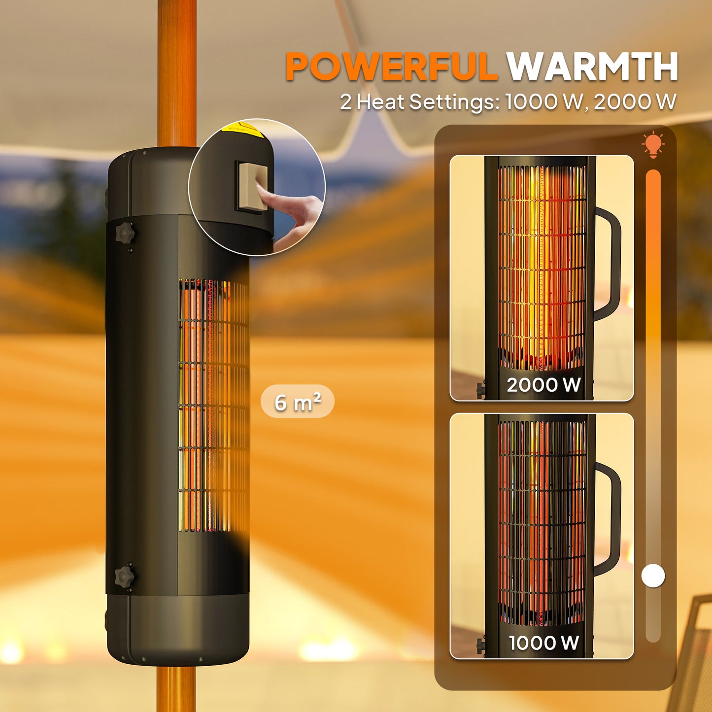 Electric Umbrella Parasol Mounted Patio Heater for 25-70 mm Poles, 2000 W Outdoor Garden Heater with 2 Heat Setting, 6 ㎡ Coverage, Tip-Over Protection, Black