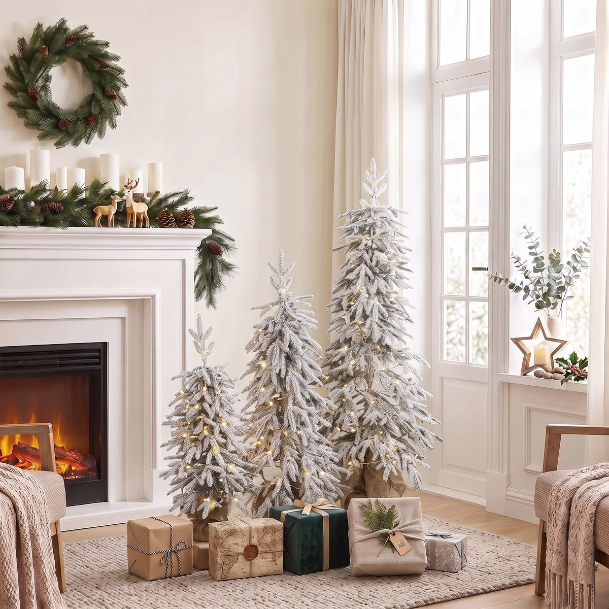 Prelit Flocked Artificial Christmas Tree Set of 3, 3FT/4FT/5FT