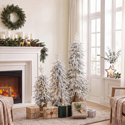 Prelit Flocked Artificial Christmas Tree Set of 3, 3FT/4FT/5FT
