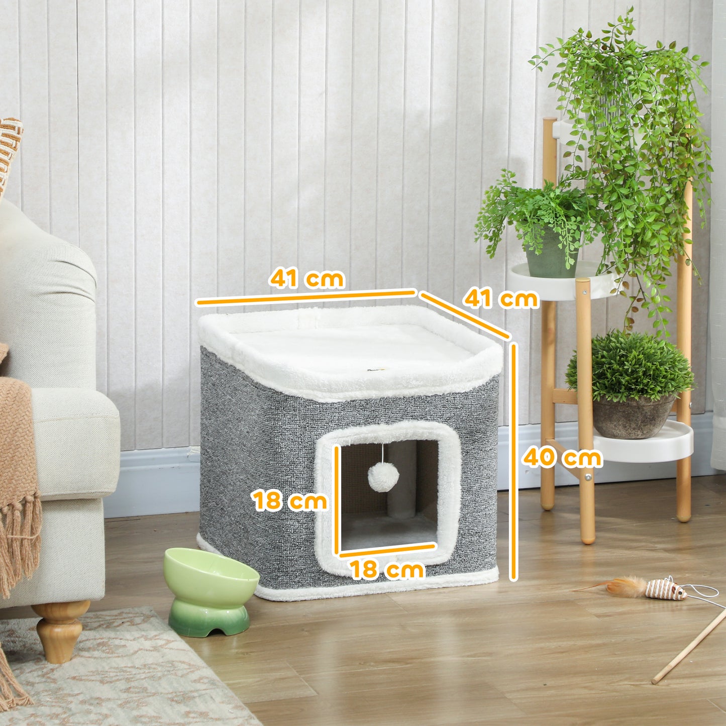 Cat House for Indoor Kittens, 2-Level Cat Cave Bed, Grey