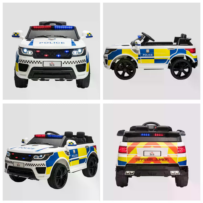 12V Kids Portable Electric Ride On Police Car with Parental Remote Control Siren Flashing Lights USB Bluetooth for 3-6 Years White