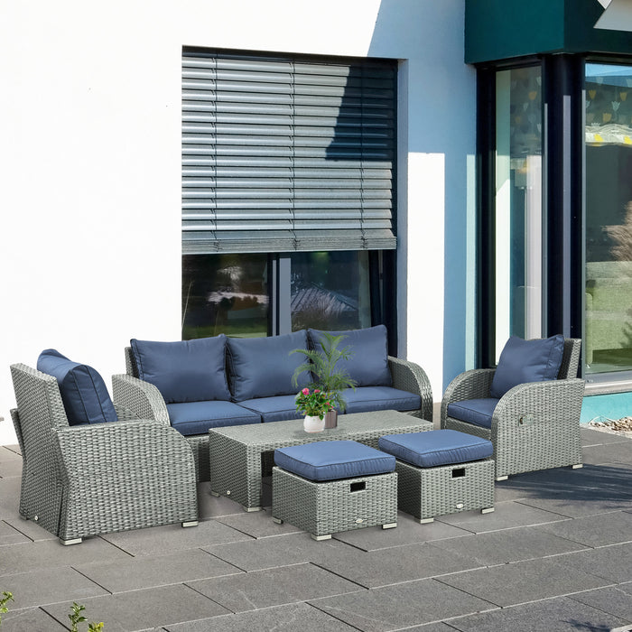 6pc Outdoor Rattan Wicker Furniture Set with 3-Seat Sofa, 2 Single Sofas, 2 Footstools and Coffee Table