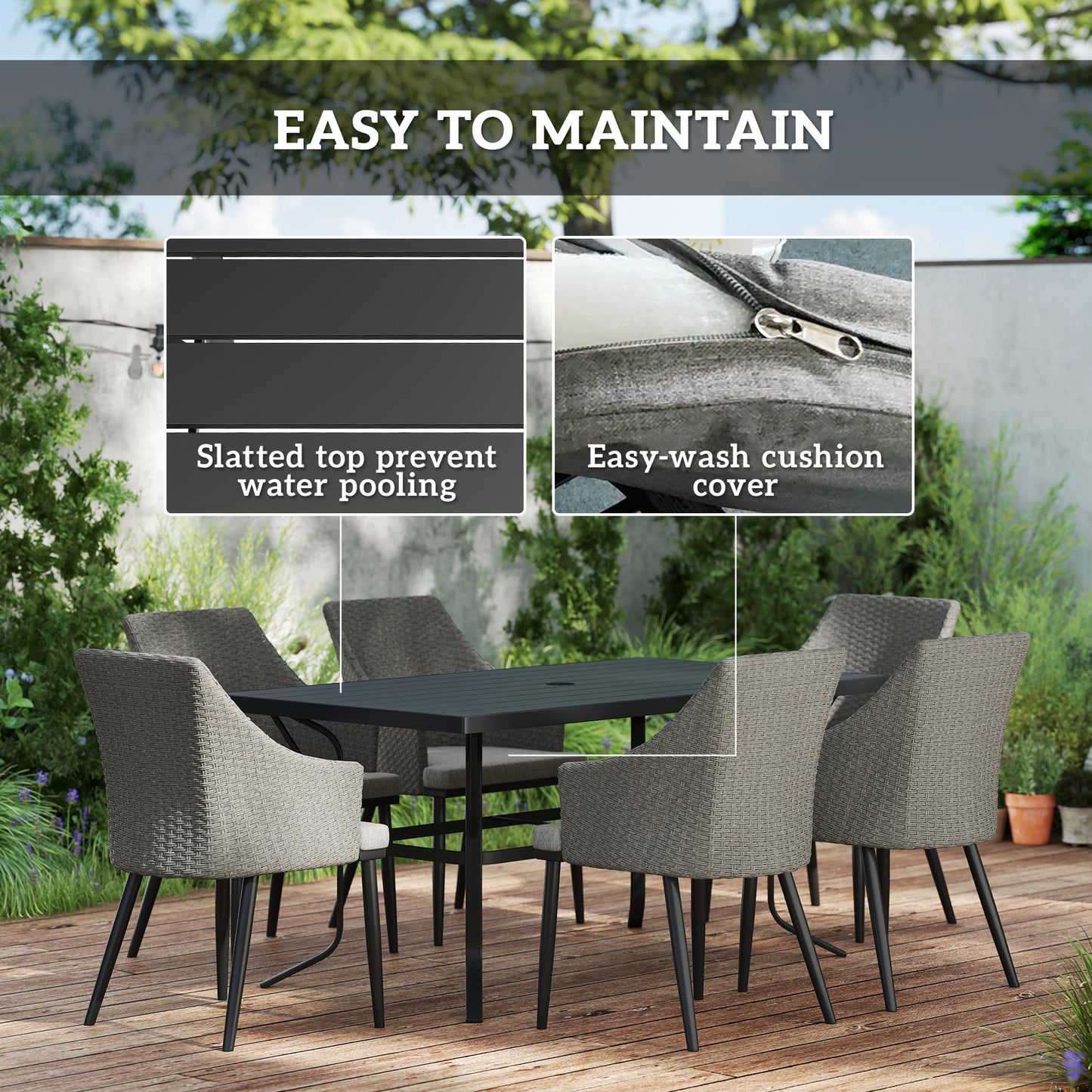 6 Seater Garden Furniture with Cushions, Parasol Hole, Grey