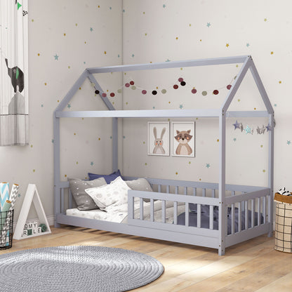 House-Shaped Kids Bed Frame with Guard Rails for Boys Girls, Grey