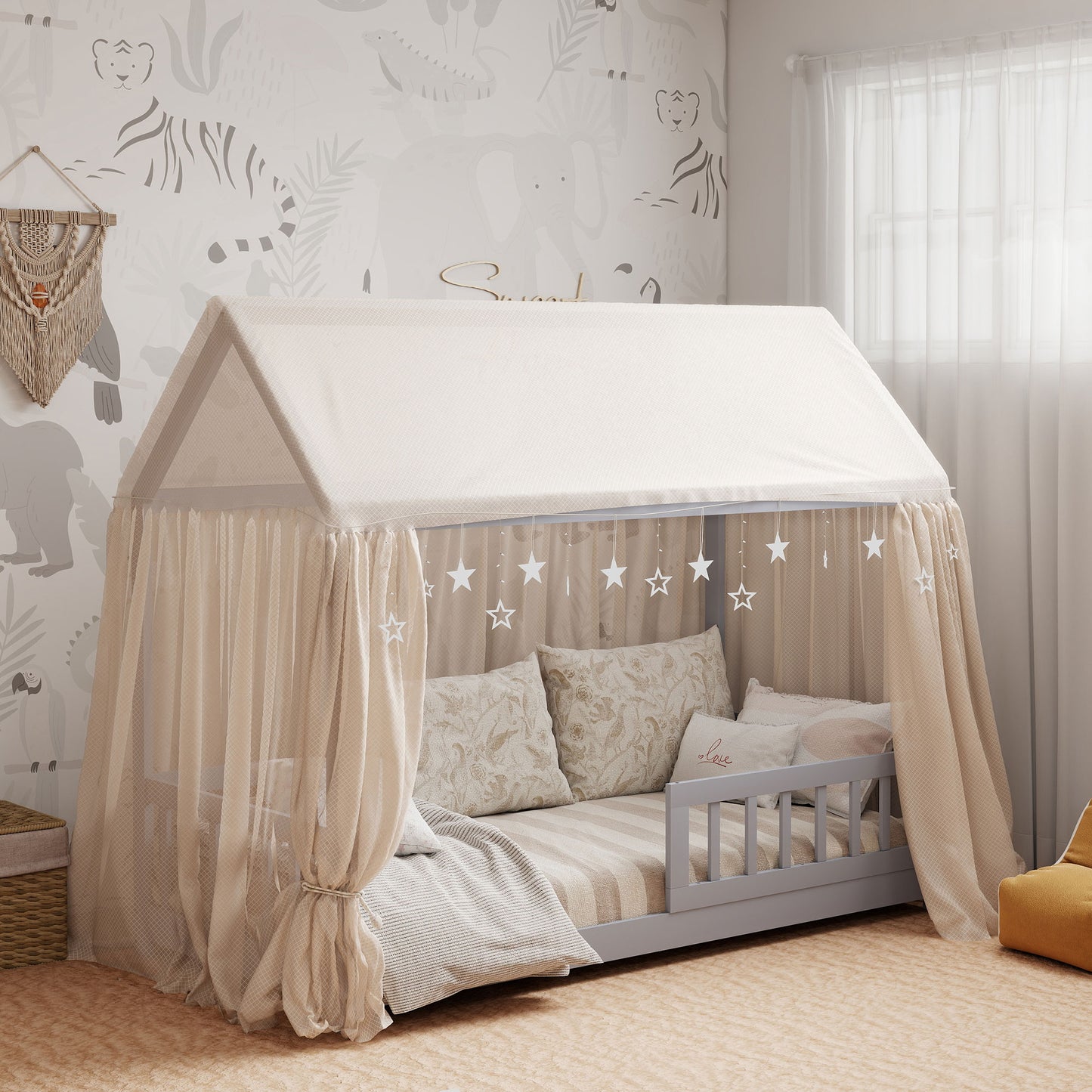 House-Shaped Kids Bed Frame with Guard Rails for Boys Girls, Grey