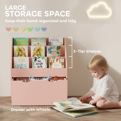 Kids Bookcase w/ 3 Tier Shelves, Drawer, for Bedroom, Nursery, Pink