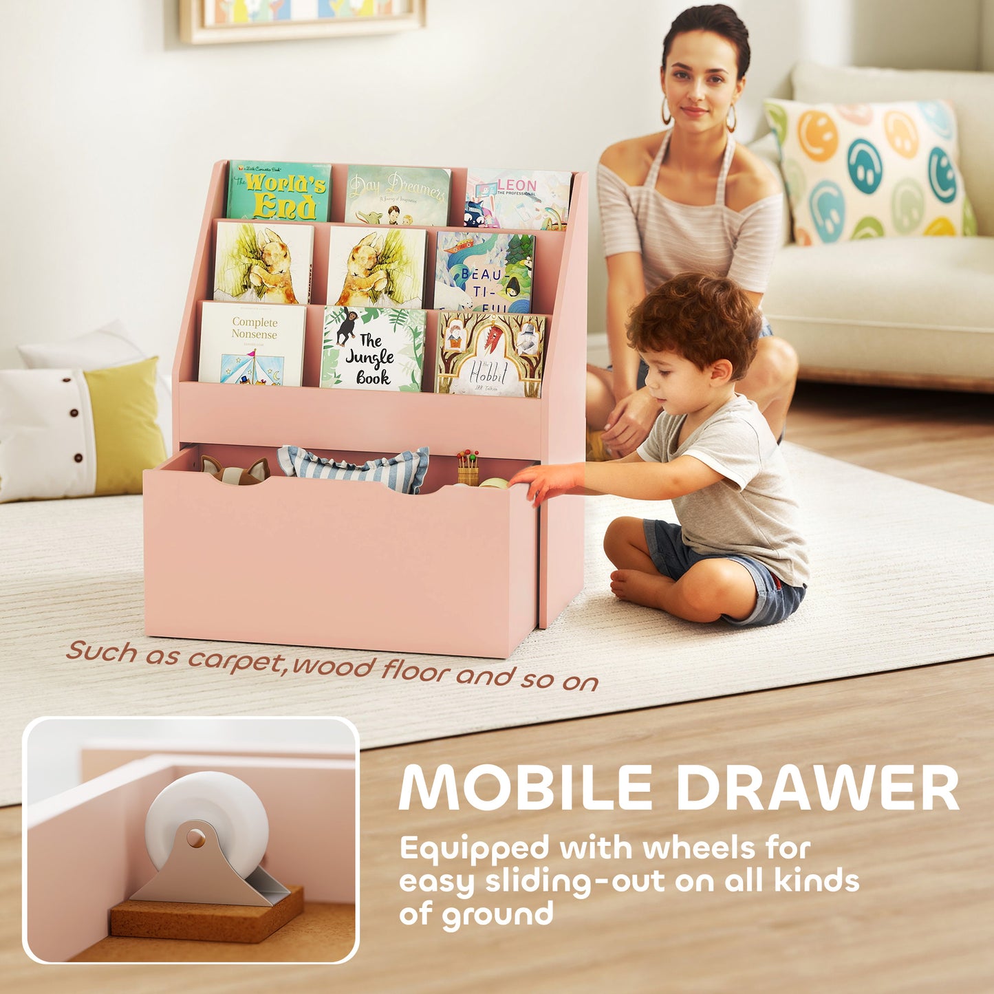 Kids Bookcase w/ 3 Tier Shelves, Drawer, for Bedroom, Nursery, Pink