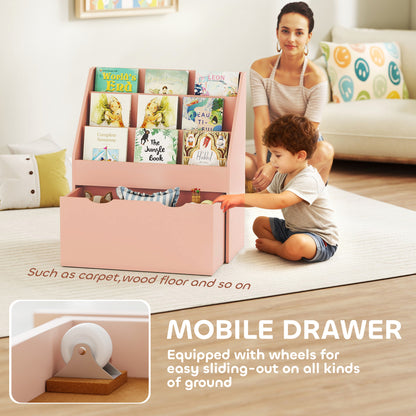 Kids Bookcase w/ 3 Tier Shelves, Drawer, for Bedroom, Nursery, Pink