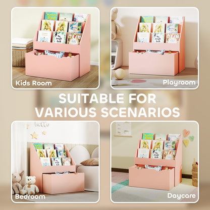 Kids Bookcase w/ 3 Tier Shelves, Drawer, for Bedroom, Nursery, Pink