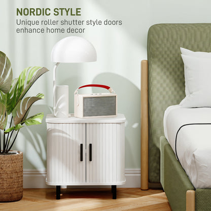 Bedside Table, Nordic Side Table with Roller Shutter Style Sliding Doors and Metal Legs for Bedroom, Living Room, White Wood Effect