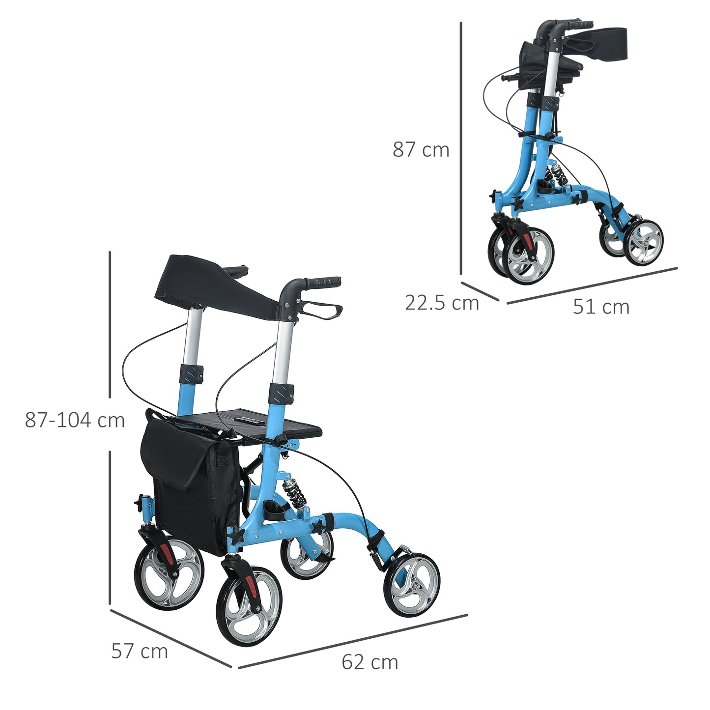 4 Wheel Rollator with Seat and Back, Lightweight Folding Mobility Walker with Large Wheels, Carry Bag, Adjustable Height,  - Blue
