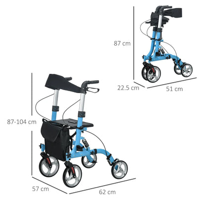 4 Wheel Rollator with Seat and Back, Lightweight Folding Mobility Walker with Large Wheels, Carry Bag, Adjustable Height,  - Blue