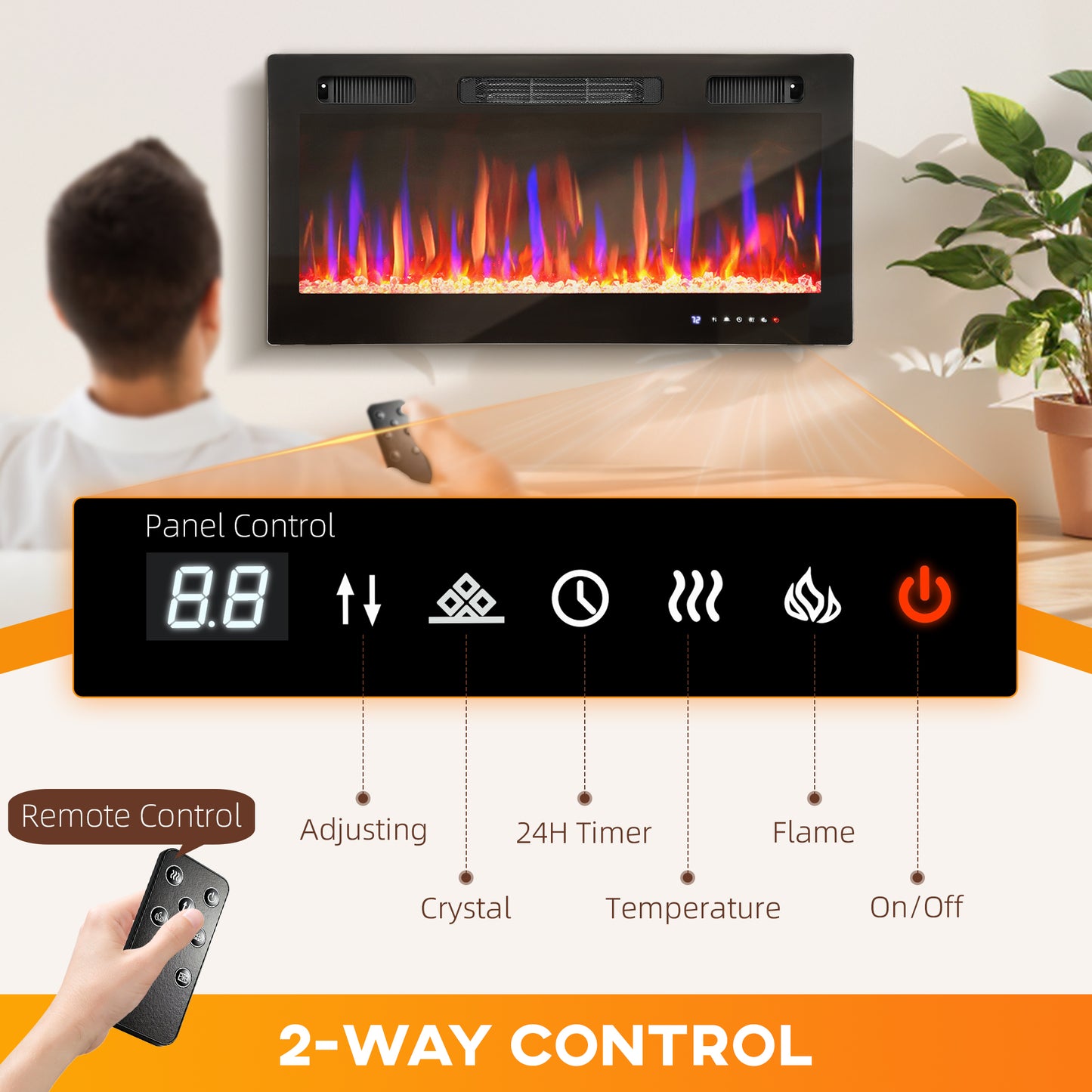 36" Wall Electric Fireplace, Slim Electric Fire, 1800W, Black