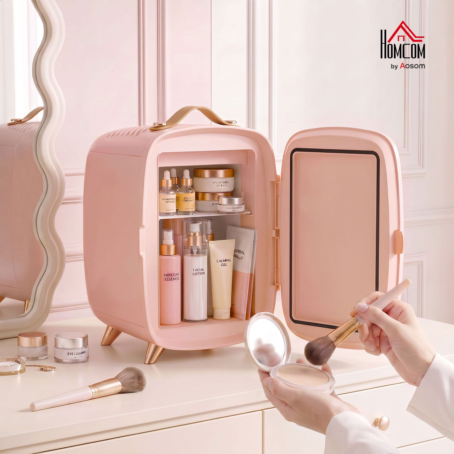 Skincare Refrigerator with LED Mirror, Cooling Function, Pink