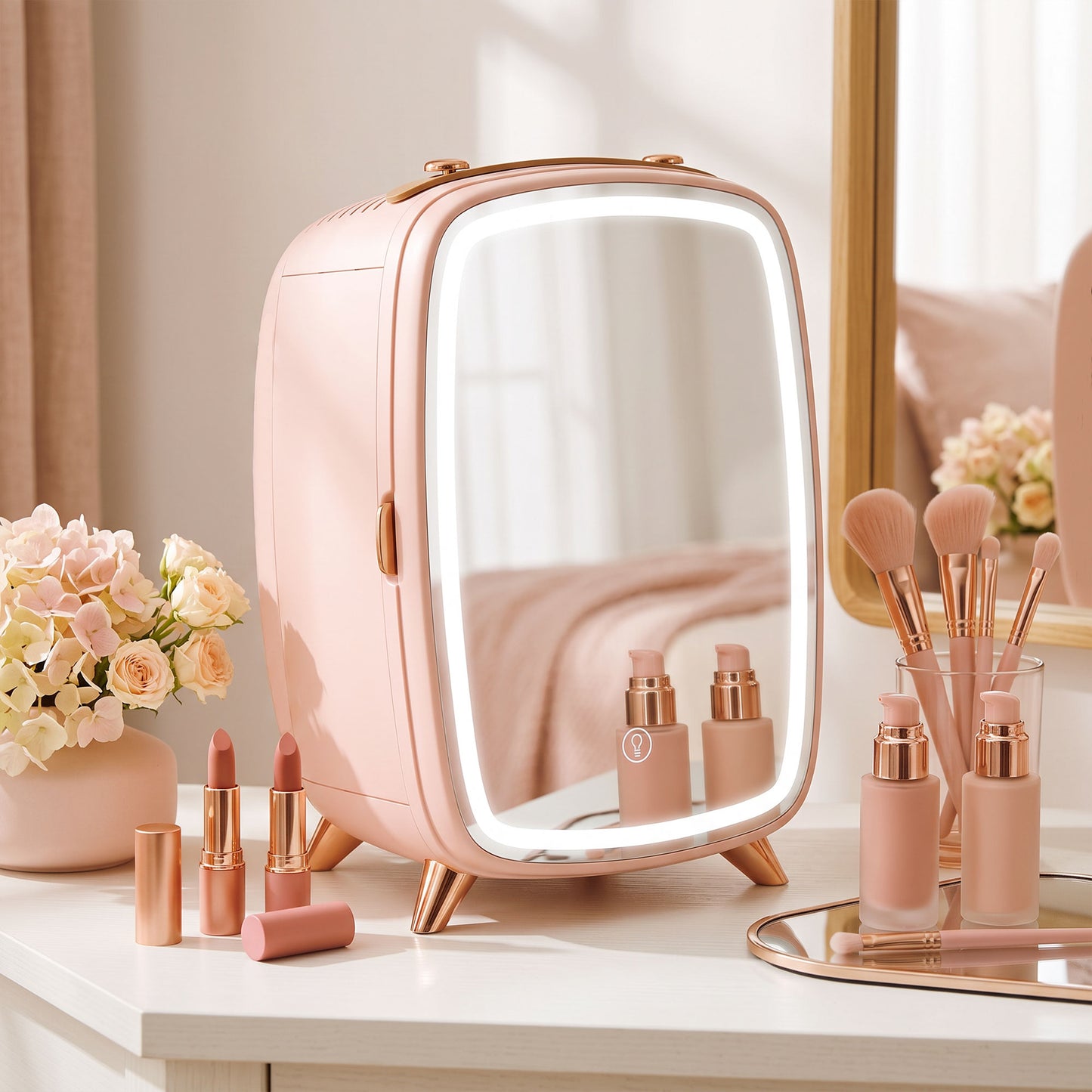 Skincare Refrigerator with LED Mirror, Cooling Function, Pink