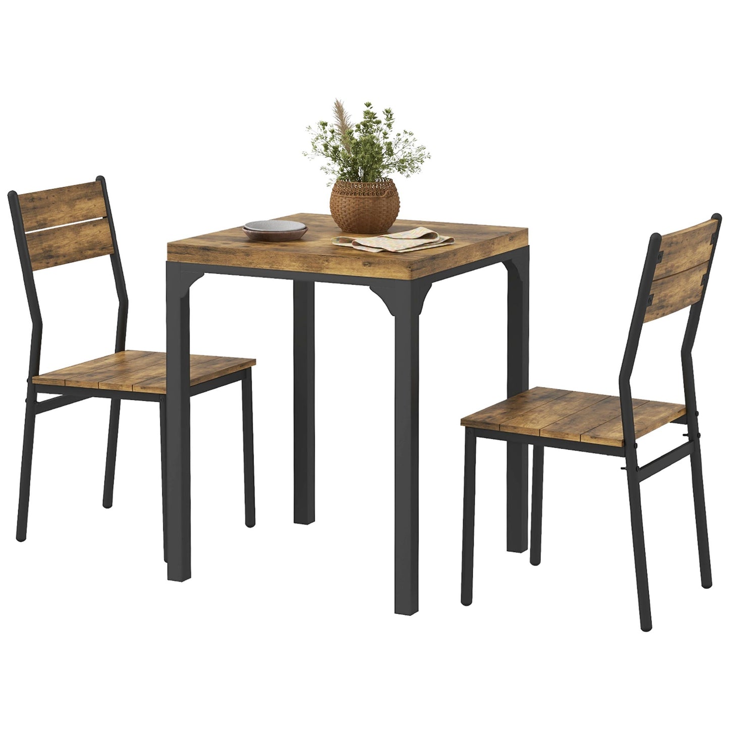 3 Pcs Compact Dining Table 2 Chairs Set Rustic Brown