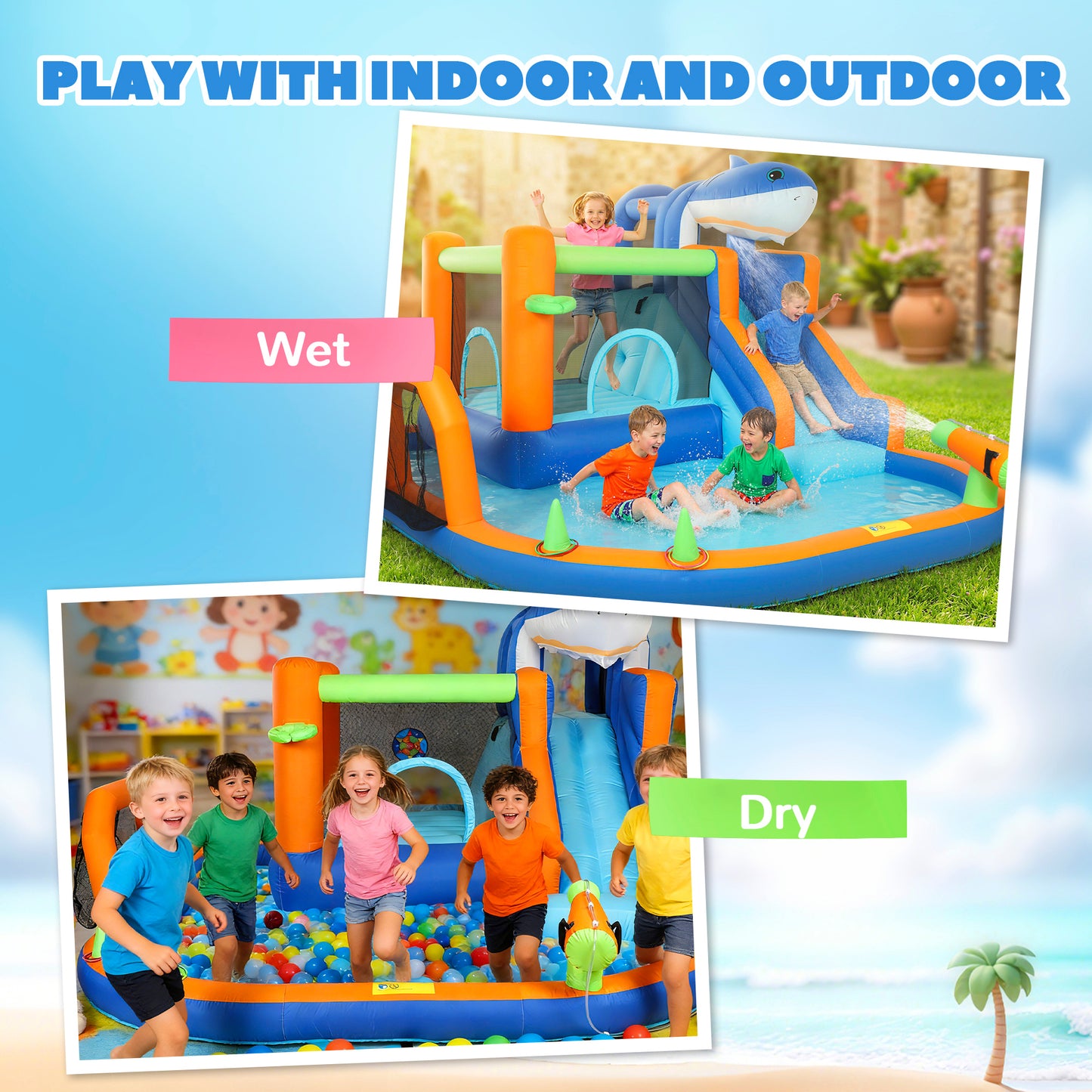 Inflatable Bouncy Castle for Kids Sharks Theme with Slide, Ball Pit