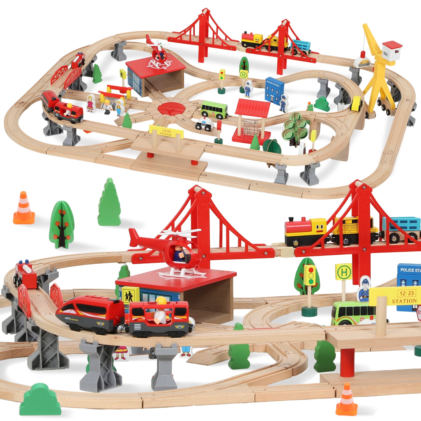 133 Piece Wooden Train Set, Toy Train Set with Crane for 3+ Years