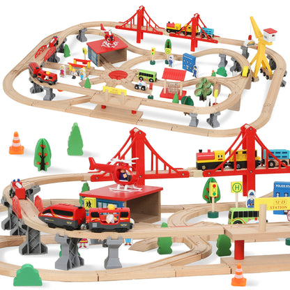 133 Piece Wooden Train Set, Toy Train Set with Crane for 3+ Years