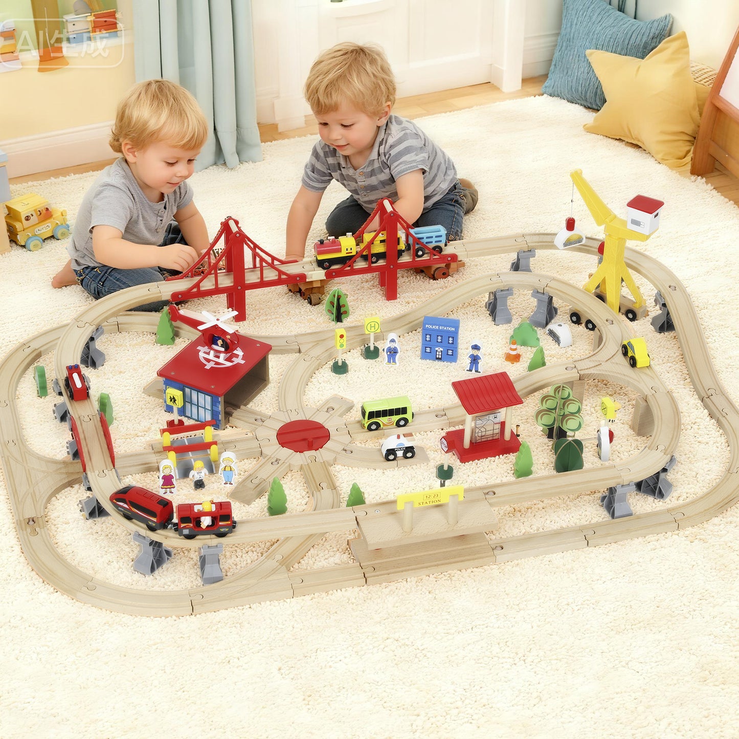 133 Piece Wooden Train Set, Toy Train Set with Crane for 3+ Years