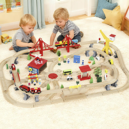 133 Piece Wooden Train Set, Toy Train Set with Crane for 3+ Years