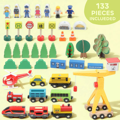 133 Piece Wooden Train Set, Toy Train Set with Crane for 3+ Years