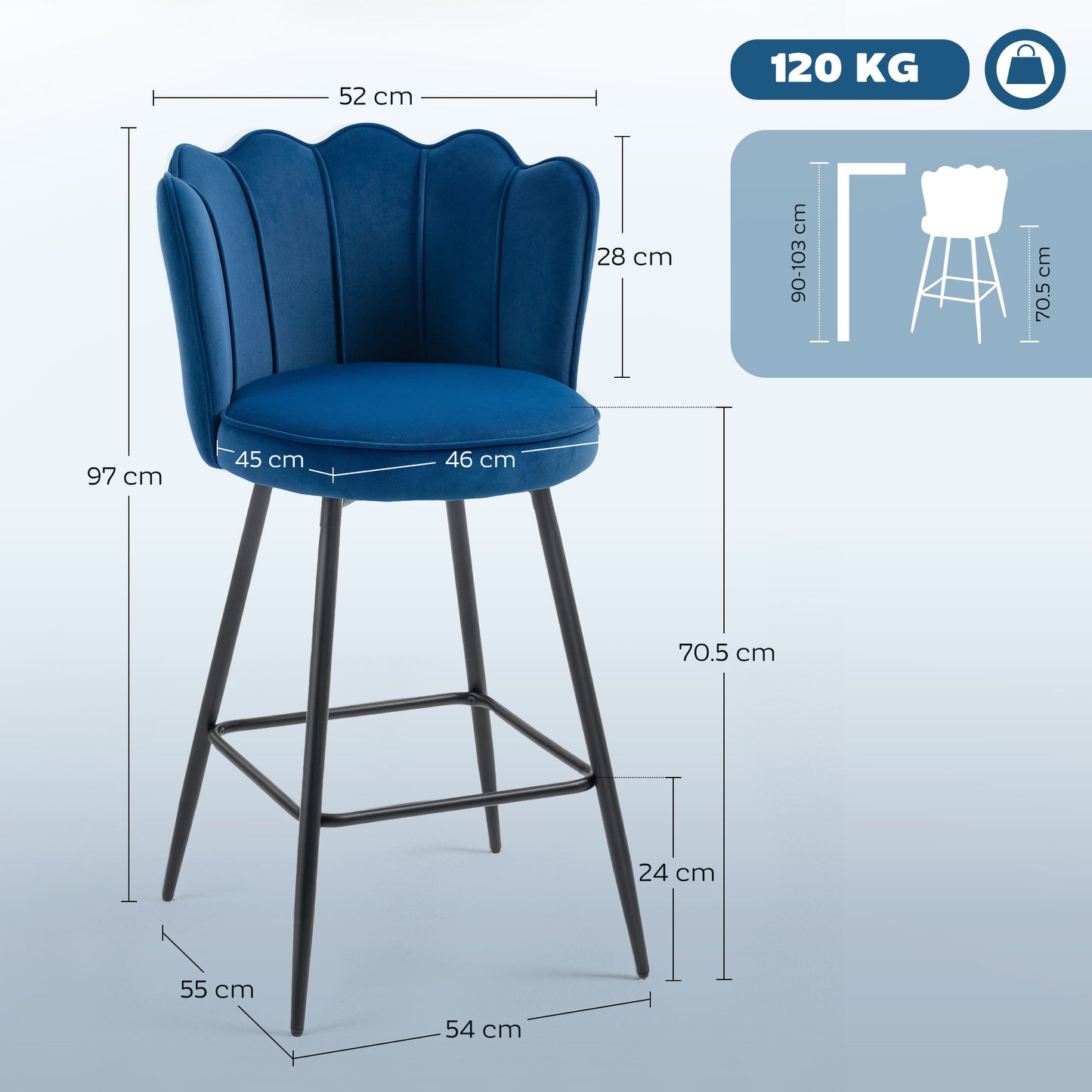 Set of 2 Barstools with Petal Backrest for Kitchen Island Dark Blue