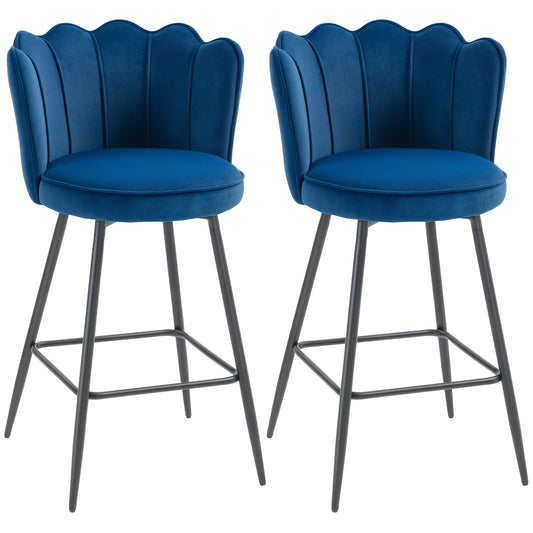 Set of 2 Barstools with Petal Backrest for Kitchen Island Dark Blue