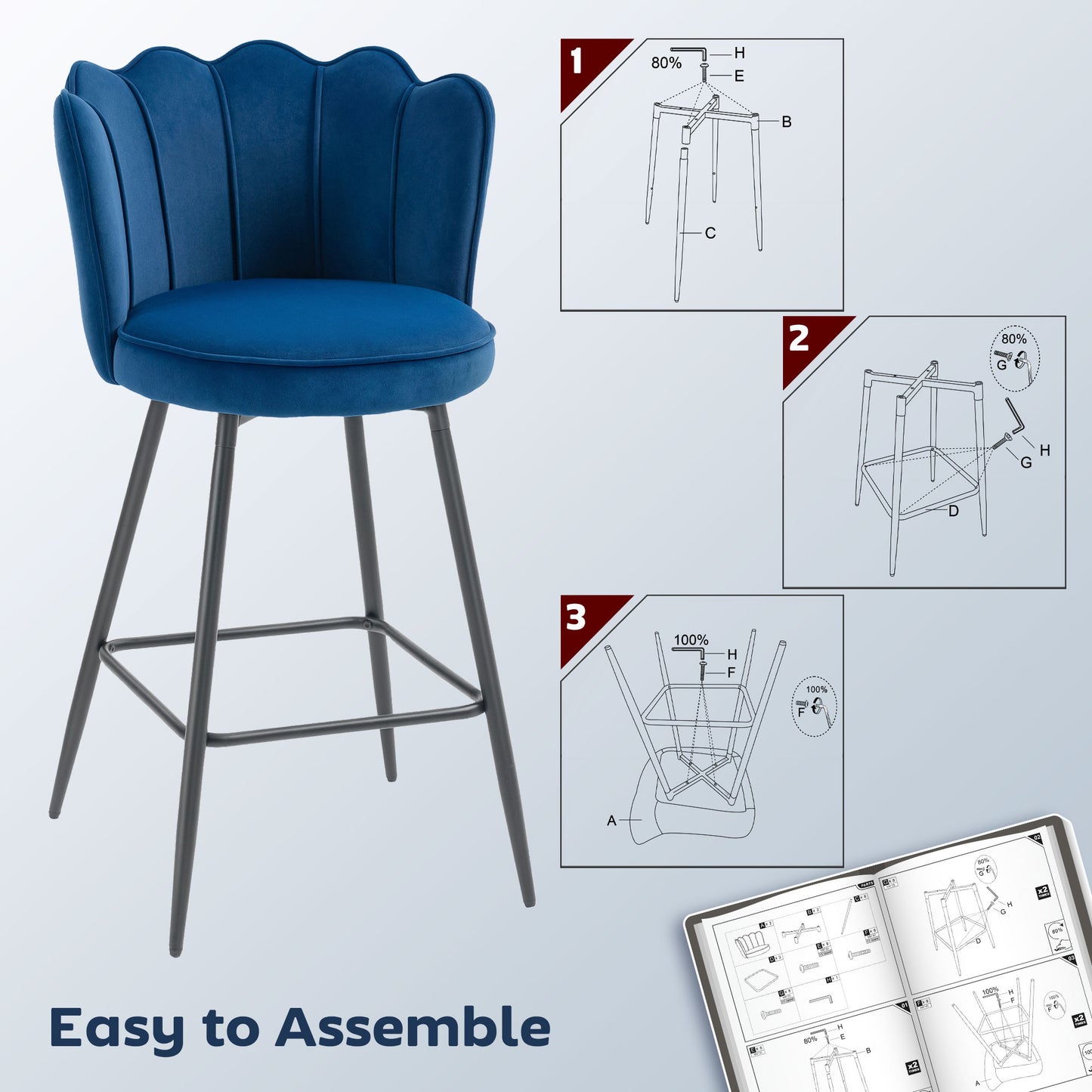 Set of 2 Barstools with Petal Backrest for Kitchen Island Dark Blue