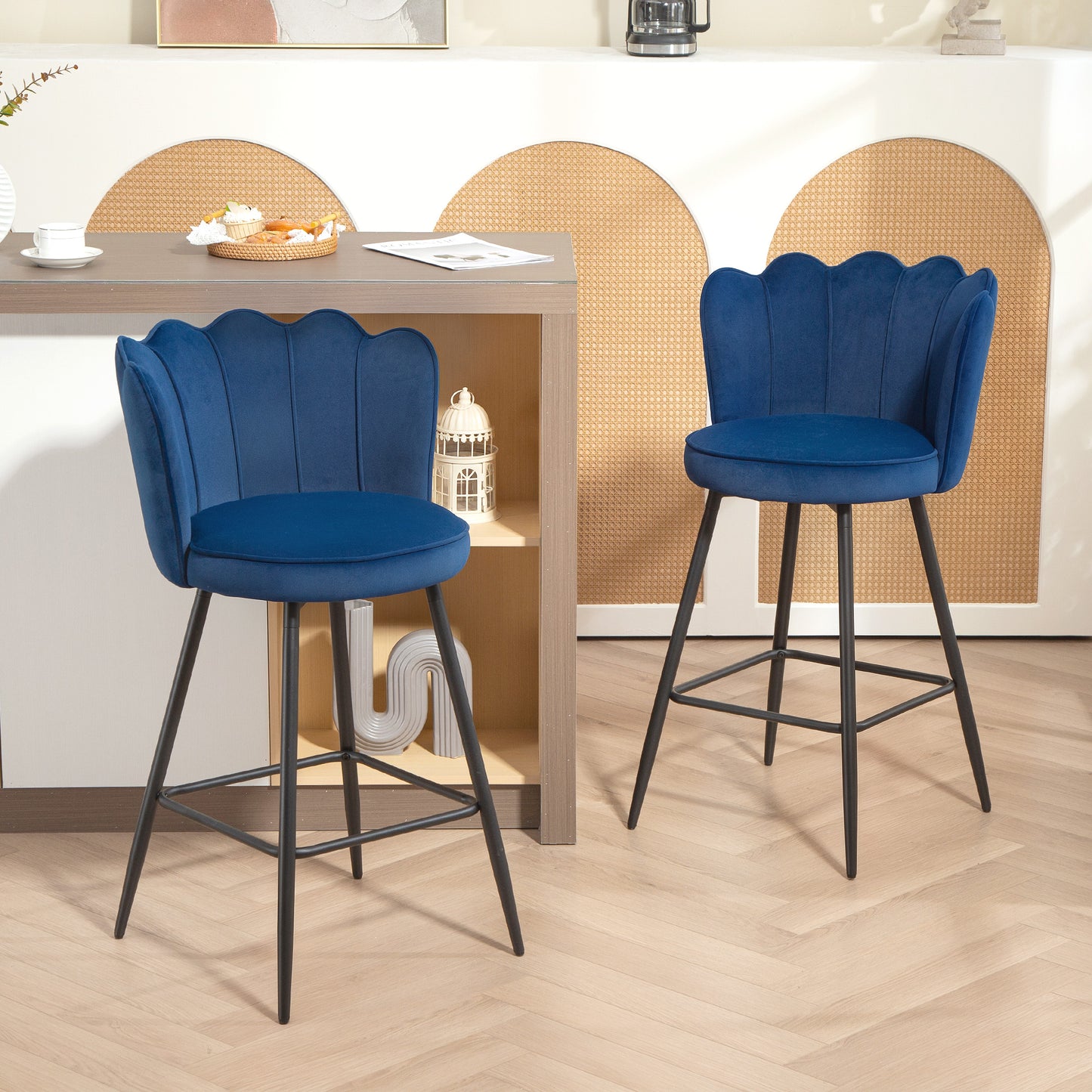 Set of 2 Barstools with Petal Backrest for Kitchen Island Dark Blue