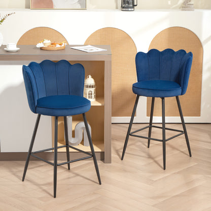 Set of 2 Barstools with Petal Backrest for Kitchen Island Dark Blue